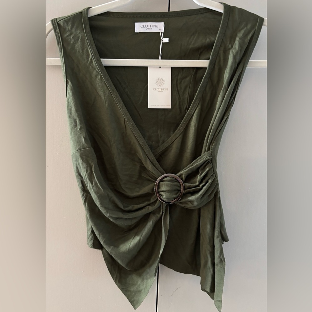 2 piece set Olive Green Sleeveless Top with Ring Detail. Matching maxi skirt.